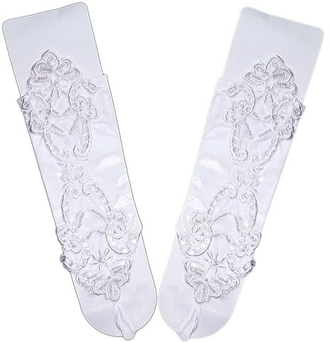 Blausky Satin Damen Lange Handschuhe,Braut-Handschuhe im Retro-Stil,Fingerlose Handschuhe,Satinhandschuhe mit Perlen und Pailletten,für Opera Fest Party Hochzeit Karneval,30 cm,Weiß