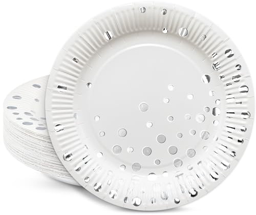 HNH 18 cm Assiettes à dessert Lot de 50 Blanc avec feuille d'argent Assiettes en Papier pour fête jetables
