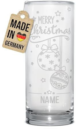 Print Royal PR Trinkglas mit Gravur - Merry Christmas Kugeln - mit Namen personalisiert, Geschenk für Freunde und Familie, Trinkglas graviert, Wichtelgeschenk | Lasergravur, 200 ml