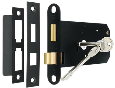 Infinity Decor Juego de cerradura horizontal de hierro de 3 palancas de hierro resistente negro mate de 150 mm con cerradura de llave para puerta de cobertizo, sustituye a Union 2077