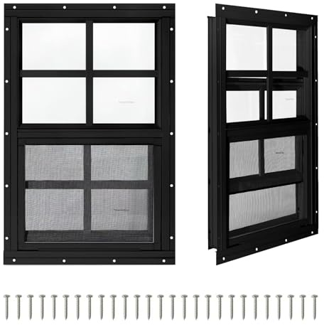 COLORPAPA 2er-Pack Schuppenfenster, 61 cm x 68,6 cm kleine Schiebefenster, bündig montierte Fenster mit gehärtetem Glas und Fiberglas-Gitter für Schuppen, Hühnerstall, Spielhaus, Haushalt, Garage