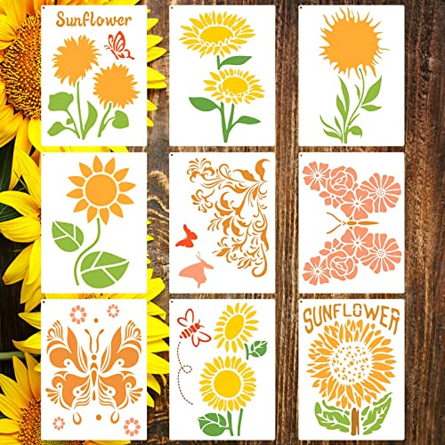 9 stencil a forma di girasole e farfalle, riutilizzabili, in PET, con anello aperto in metallo, per pittura su legno, tela, carta, tessuto, mobili da parete, 20 x 28 cm