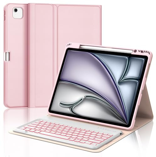 WAVATA Funda con Teclado para iPad Air 13'' M3 2025/M2 2024, Teclado Retroiluminado Bluetooth Desmontable para iPad Pro 12.9'' 2022/2021/2020/2018, Español Ñ- Rosado