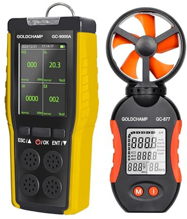4 in 1 Gas Detector for Fuel/O2/H2S/CO, Sound/Light/Vibrator and LCD Display, Gas Leak Detector for Home + Manual Anemometer, 5 Units & ℃/℉ Wind Speed Meter for HVAC