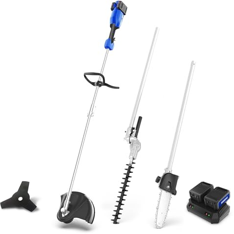Wild Badger Power 40V Cordless Weed Wacker, String Trimmer/Edger, Hedge Trimmer and Brush Cutter Blade, Pole Saw, Attachment Capable 4-in-1 Multi-Tool Kit with 2 * 20V 4Ah Battery and 1 Charger, Blue