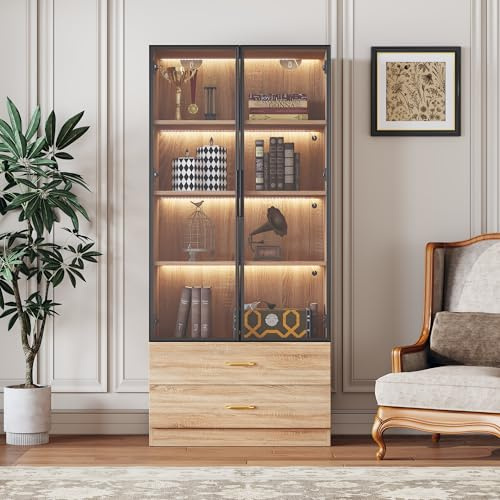 Merax Vitrine mit LED-Beleuchtung, Vitrinenschrank Standvitrine mit Glastür, Lagerung mit 2 Schubladen, Mehrzweckschrank für Wohnzimmer Büro Küche Bad, Natürlich, 75x34,5x170 cm