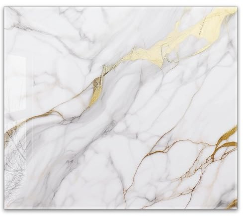 Herdabdeckplatte 60x52 cm einteilig – Weißer Marmor mit Gold | ESG Glas Ceranfeldabdeckung, Schneidebrett, Abdeckplatte, Herd, Induktion, Küche