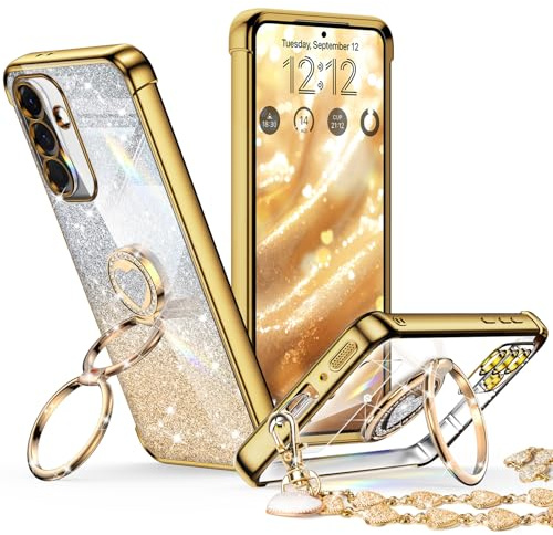 XYZ for Galaxy A36 5G Case with Stand, for Samsung A36 Case with Double Ring, Women Girls Bling Luxury Glitter Clear Phone Cover Heart for Samsung Galaxy A36 5G, Gold