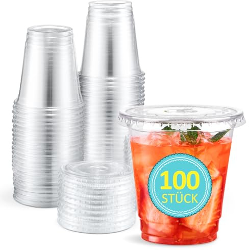 Eupako 100 Stück 8 oz/240ml Plastikbecher mit Deckel - Einweg-klare Trinkbecher für Getränke Parfait& Smoothies kühlschrankgeeignet &stapelbar Einwegbecher