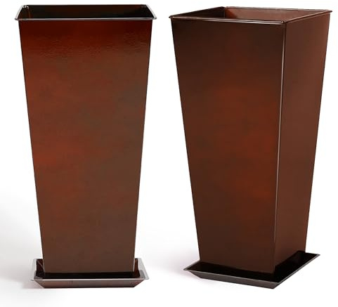 JonesHouseDeco 71cm hoher Quadratisch Konischer Schale Metall Roter Blumentopf 2er Set für Vordertür Terrasse Innen/Außen 40 L für Olivenbaum, Fensterblatt, Geigenfeige Pflanzsäule mit Teller/Einsatz