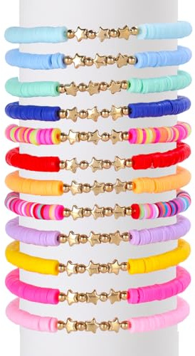 12 Pcs Friendship Bracelet Set with Card, Colorful Girls Bracelets for Women, 6 Inch Friendship Bracelets Made of Soft Clay, Perfect Girls Party Bag Fillers, Stars Design Jewelry for Gifting