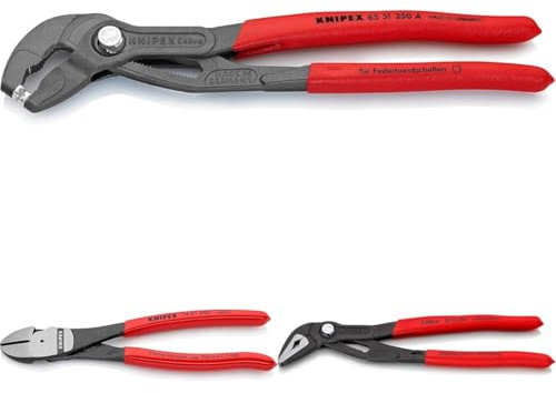 KNIPEX Cobra ES Wasserpumpenzange extra schlank 87 51 180 & Federbandschellenzange mit Quickset-Verstellung 85 51 250 A & Kraft-Seitenschneider 74 01 180