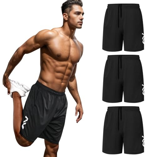RUIZEHONG 3er-Pack Sporthose Herren mit Taschen und Elastischem Bund, Schnelltrocknende Kurze Gym Tennishose Jogginghose