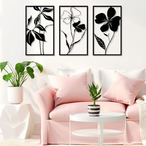 Pduoduo Decorazione murale Black Metal Flowers, scultura murale floreale da appendere, arte minimalista, estetica moderna per il soggiorno e la camera da letto della casa