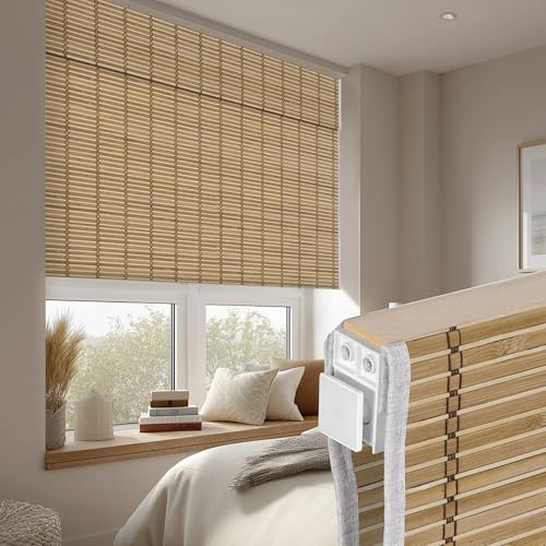 Doing-X No Drill Bamboo Roman Shades, No Tools Roman Blinds for Indoor Windows, Room Darkening Natural Cordless, UV Protection Easy Install Bedroom Living Room, Chestnut Weave,46 W x 28 H
