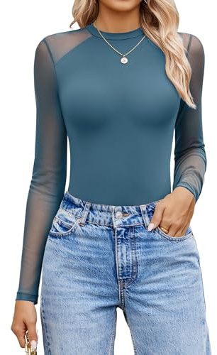 Avidlove Long Sleeve Bodysuit Top for Women Turtleneck Sheer Mesh Bodysuit Black Leotards