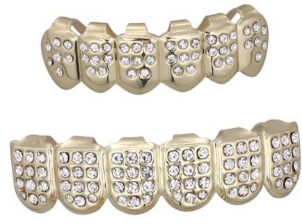 DECORNIJIA Goldplattierte Hip Hop Zahnschmuck mit Funkelnden Kristallen Künstliche Zahnschienen für Erwachsene und Modisches Zubehör für Halloween und Kostümpartys