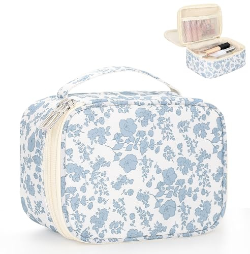Relavel Travel Makeup Bag, Mini Floral Cosmetic Bag with 2 Layers | Portable Makeup Pouch for Women with 2 Makeup Brush Holders, Cute Toiletry Bag with Handle for Necessaries, Blue Flower