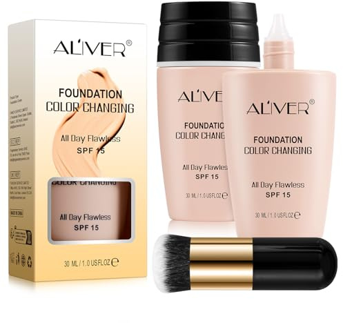 Aliver Foundation - Base de maquillaje 4K para una tez impecable - Opacidad media con efecto de segunda piel - Incluye brocha de maquillaje premium - Para todos los tipos de piel - Fórmula profesional