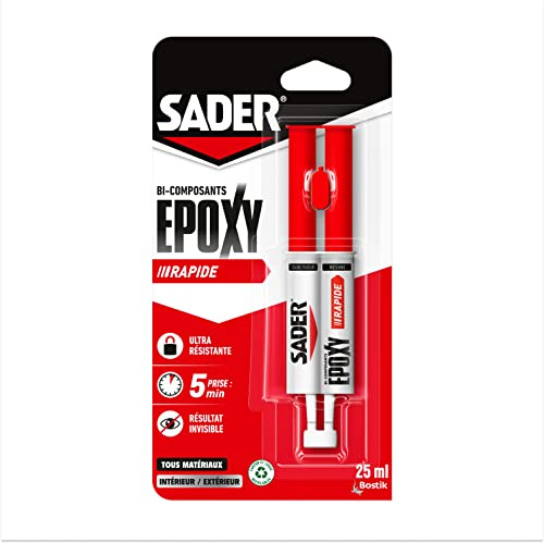 SADER - Colle Epoxy bi-composant Rapide - Colle forte et résistante - Collage accéléré - Tous Supports - Transparent - Seringue 25ml