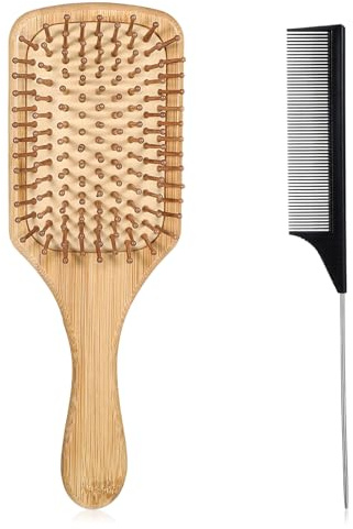 Sibba Cepillo de pelo de bambú y peine de cola desenredante, cepillo de masaje de cuero cabelludo de madera natural con mango de madera y cerdas de bambú, cepillo de pelo de paleta para mujeres y