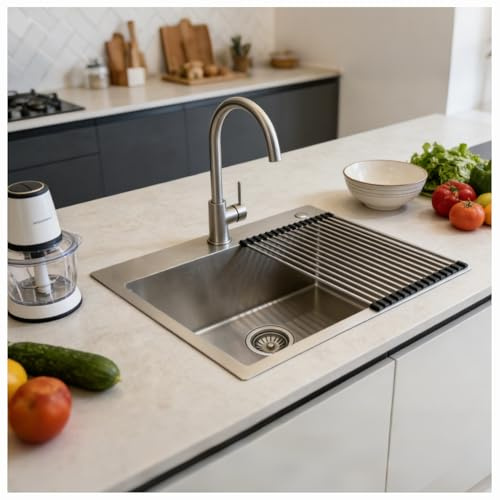 Kitchen Sink, 60 x 45 cm, Built-in Sink with Soap Dispenser, Rectangular, Stainless Steel Sink, Small 1 Basin, Modern Sink Kitchen with Dish Drainer Dishes, Soap Dispenser, Drainer and Siphon