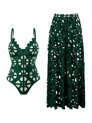 WQCMH 3pcs Bikini Costume da Bagno Femminile Costume Push-up Bandeau Biquini Minigonna Femminile Costume da Bagno Cavo Outfit da Spiaggia(Verde,as6,Alpha,m,Regular,Regular)