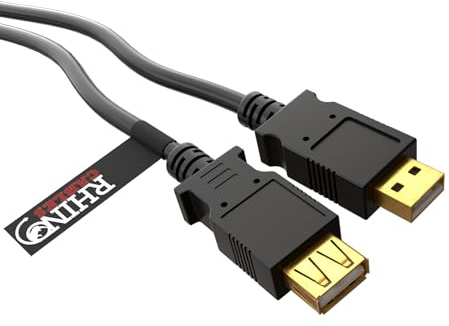 rhinocables USB 2.0 Cable, USB Extension Cable Lead Wire, A USB to A USB, Black Extender & Gold Connectors, Male to Female Socket - Suitable for Home and Office Use (1.8m)