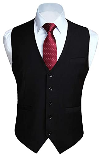 Hisdern Men's Formal Wedding Party Cotton Waistcoat Solid Color Vest, Black, XS(Chest 36 inch)