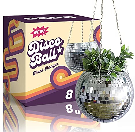 DADO Disco Ball Planter - Disco Planter for Indoor Plants- Disco Ball Plant Hanger - Unique Plant pots - Boho Disco Ball Hanging Planter - Planters for Indoor Plants (Silver, 8)