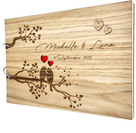laser-diele Gästebuch Hochzeit – Hochzeitsgästebuch mit Namen Personalisiert – Hochzeitsgeschenke – Eiche Edelfurniert – A4 – Vogelhochzeit …