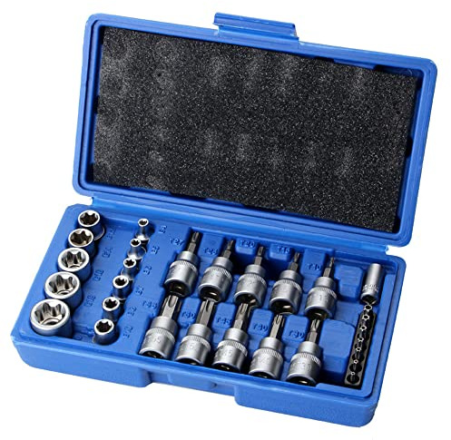 LSHK 29-teiliges Torx-Stern-Bit-Steckschlüssel-Set, metrisches Sechskant-Bit-Steckschlüssel-Set, 1/4 Zoll, 3/8 Zoll, 1/2 Zoll Antrieb für Handgebrauch mit Aufbewahrungskoffer