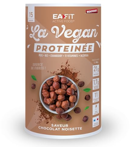 Protéine Végétale Vegan Eafit - Chocolat Noisette Sans Lactose Sans Gluten | 21g De Protéines Par Shaker, 11 Vitamines Et Acérola, Source De Fibres - Poudre Protéinée Végétale Pour Sport Et Musculation