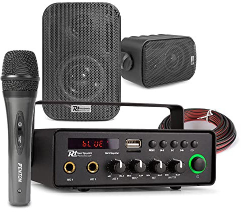 Power Dynamics 12V Outdoor PA System with Weatherproof Speakers, Battery Powered Audio Amplifier, Bluetooth, MP3 Player and Microphone for Vehicle Announcements, Events, Rallies and Promotion