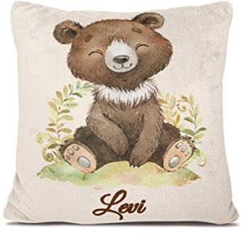 Personalisedog Coussin personnalisé en polaire pour bébé avec nom au choix et motif animal et couleur à motif, Cadeau de naissance ou de baptême avec nom pour garçon et fille (ours marron)