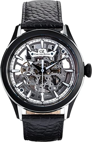 Carl von Zeyten Waldkirch Automatik Herren Armbanduhr aus Edelstahl und Leder in der Farbe Schwarz-Weiß 44mm, Wasserdichtigkeit: 5Bar, CVZ0065BKWS
