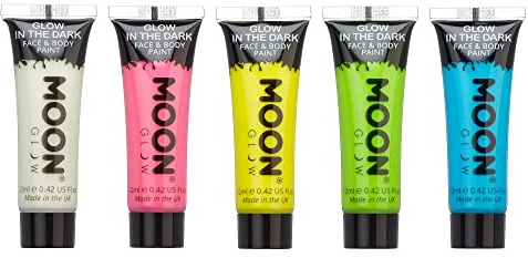 Moon Glow 12 ml, im Dunkeln leuchtende Gesichts- und Körperfarbe, phosphoreszierend, zum Leuchten aufladen (5er-Set)