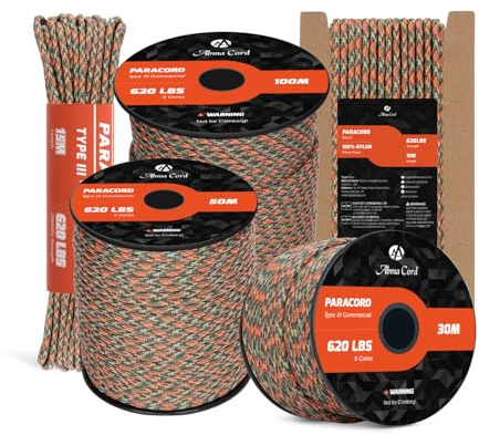 Abma Cord Paracord 620lbs 4mm 15M 100% Nylon Seil Typ 3 Schnur mit 9 Kern für Basteln, Camping, Survival, Outdoor - Max. 280kg - Blitz