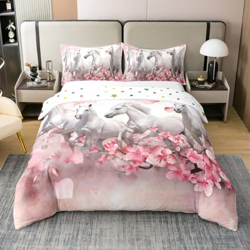 100% Cotton Galloping Horse Comforter Cover, Teens Western Cowboy Duvet Cover Twin Size, Cherry Blossoms Petal Bedding Set for Kids Boys Girls, Farm Animal Quilt Cover Living Room Decor, Pink White