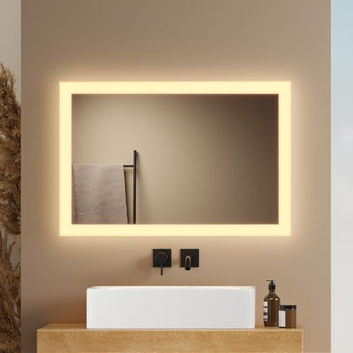 EMKE Miroir Salle de Bain avec Éclairage, 40 x 60 cm, 3000 K | Lumière Blanche Chaude 3000 K, Miroir LED Salle de Bain Contrôle Via Interrupteur Mural – Idéal pour la Salle de Bain