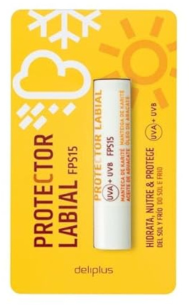 Protecteur à lèvres 4 g FPS 15 Deliplus. Beurre de karité, vitamine E, huile d'avocat et filtres solaires.