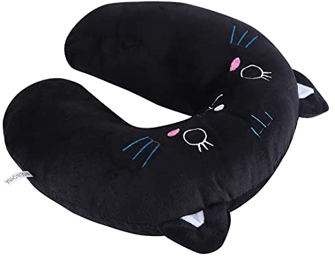 Acouto Tierisches Reise-Nackenkissen aus PP-Baumwolle, Weiches U-förmiges Auto-Kopfstützen-Spielzeugkissen, Schwarze Katze, Baumwolle. Entspanntes Tourkissen Verringert den Druck auf