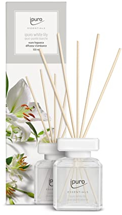 ipuro - Essentials Raumduft White Lily 100ml | Raumerfrischer mit Pfirsich, Maiglöckchen, Jasmin, Nelke, weißem Moschus & Zedernholz Duft Aroma | Diffuser mit Stäbchen | Lufterfrischer für Wohnung