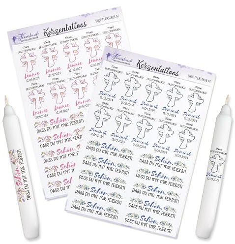 Kerzen Tattoos für die Erstkommunion, personalisierte Gastgeschenk selber machen, Tischdeko, Aufkleber mit Namen und Datum für Kerzen, Kreuzsymbol, Konfirmation Give-Aways gestalten, Feenstaub