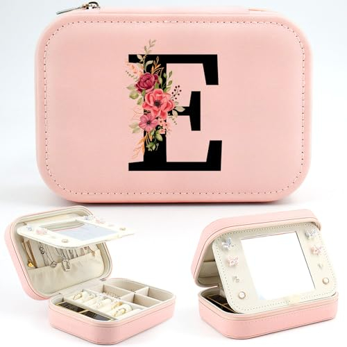 Tarklanda Initiale Boîte à Bijoux Voyage Boite a Bijoux avec Lettre E, Petit Boite à Bijoux Femme, Boîte Rangement avec Miroir, Personnalisé Cadeau pour Femme Filles Amis Maman Anniversaire Noël