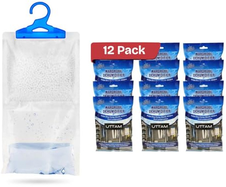 UTTAM Wardrobe Dehumidifier Hanging Bags Bulk Pack, Condensation, Dehumidifiers for Damp, Mould, Moisture Absorbers, Bedroom, Caravan, Bathroom, Basement, Office (210g Each) (Pack of 12)
