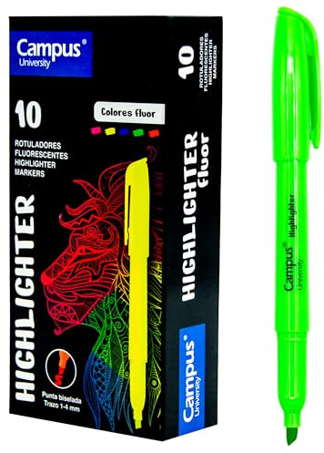 Campus – Subrayadores Fluorescentes, Lápiz marcador con Punta Biselada, Pack de 10 Highlighter Pen de Base al Agua, Rotuladores Resaltadores de Color Neón (Verde)