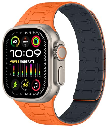 Magnetic Straps Compatible with Apple Watch Band 49/46/45/44/42/41/40/38mm Women Men, Sport Silicone Strap for iWatch Ultra 3/2/1 Series 11 10 9 8 7 6 5 4 SE3/2/1 (49/46/45/44/42, Orange/Mid)