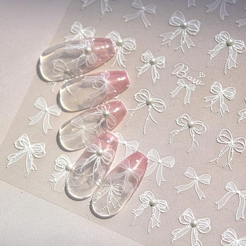 5D Geprägte Weiße Spitze Bogen Nagelsticker Perlen Schleifen Nagelaufkleber Nagelfolie Selbstklebend Pearls Ribbon Bow Nail Sticker Schleife Nageldesign Aufkleber Nägel Zubehör für Frauen Nail Art
