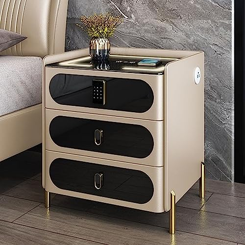 Smart Bedside Table with Smart Combination Lock, Nightstand with Wireless Charging, 3 Color LED Lights and USB Port, Bluetooth Speaker - Multifunctional Smart LED Side Table